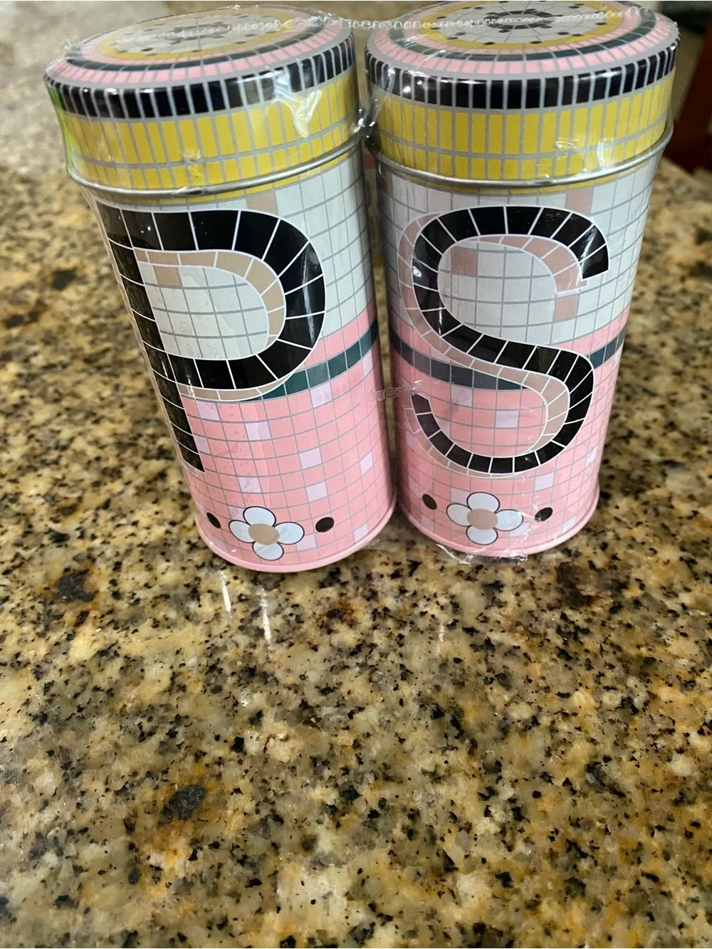 Mosaic Style Tin Pink Black Salt and Pepper Shaker Set Spice Tin 4.5”H x 2” W
